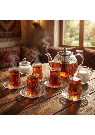 12 Parça Çay Seti - 6 Adet Fitil Desenli Cam Çay Bardağı Ve 6 Adet Cam Çay Tabağı - Isıya Dayanıklı Çay Takımı çok renkli