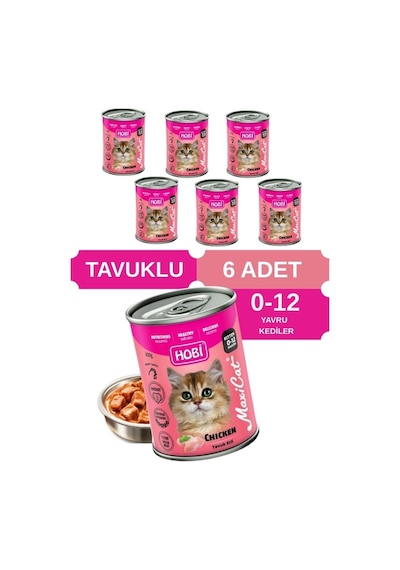 Hobi Maxicat Tavuklu Yavru Kedi Konservesi 400 Gr X 6 Adet - Vitamin Destekli, Tam Ve Dengeli Mama
