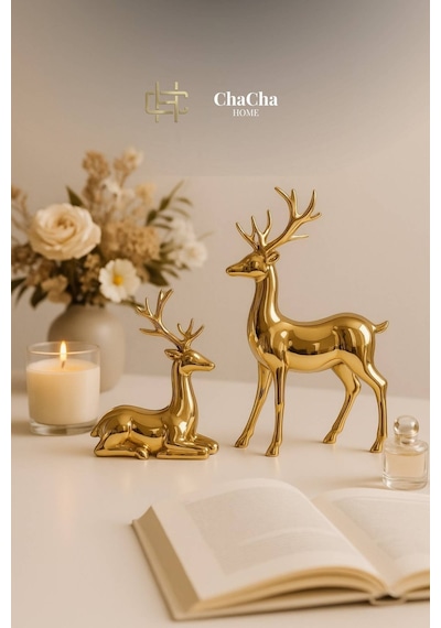 Chacha Home Dekoratif İkili Geyik Seti - Modern Gümüş/altın/antrasit Figürlü Ev Aksesuarı