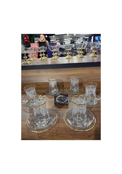 Heybeli Gold Gerçek Altın Yaldızlı Dantel İşlemeli 6 Kişilik 12 Parça Çay Seti, Çay Takımı