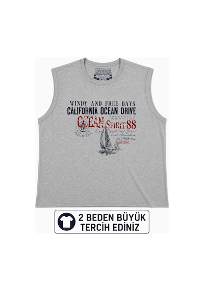 Büyük Beden Kolsuz Yuvarlak Yaka Baskılı Erkek Tishirt Atlet Gri