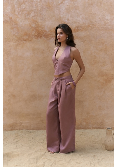 Mai Collection Mai Studios Co. Lvdovila Açık Bordo Keten Crop Yelek Pantolon Takım Acık Bordo