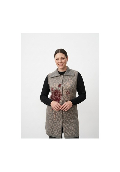 Onno Style Women Ekose Gül Pike Desenli Çelik Örgü Kadın Triko Yelek Kaban Gri