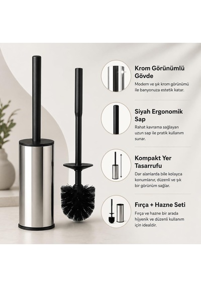 Alper Banyo Krom Klozet Fırçası, Paslanmaz Görünümlü Tuvalet Fırçası, Siyah Saplı Modern Wc Fırçalık, Bany Diğer