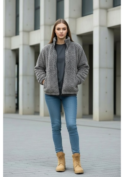 Kadın Oversize Peluş, Polar, Fermuarlı, Teddy Dik Yaka, Sıcak Tutucu Yumuşak Kışlık Ceket Gri