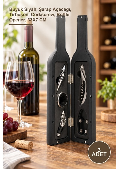 3 Adet Şişe Tirbuşon Seti Büyük Siyah, Şarap Açacağı, Tirbuşon, Corkscrew, Bottle Opener, 33x7 Cm Diğer