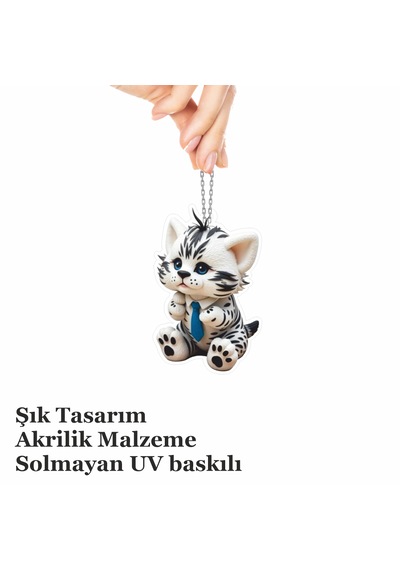 Araba Ayna Süsü, Araba Süsü, Çanta Aksesuarı - Sevimli Kedi - Pleksi Malzeme, Uv Baskılı - 005 8x6 Cm