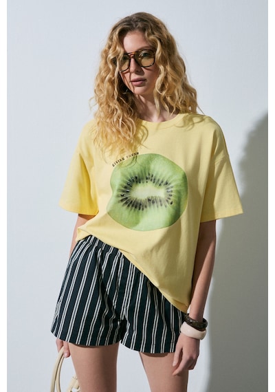 Grımelange Asterıve Kadın Organik Pamuklu Baskılı Bisiklet Yaka Oversıze Sarı T-shirt Sarı