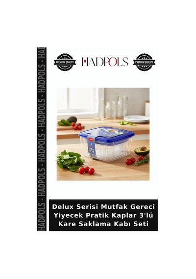 Delux Serisi Mutfak Gereci Yiyecek Pratik Kaplar 3'lü Kare Saklama Kabı Seti Şeffaf - Siyah