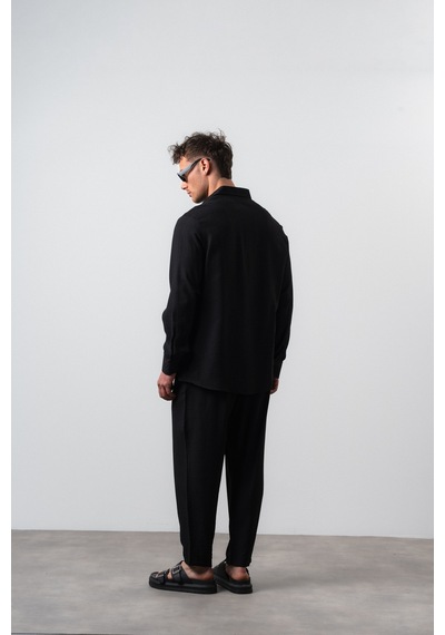 Erkek Keten Oversize Gömlek Pantolon Takım Siyah
