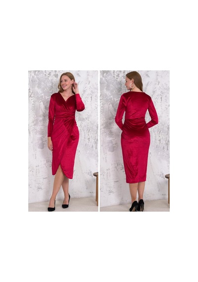 Butik İstanbul Kadın Kadife Kumaş V Yaka Uzun Kollu Midi Boy Elbise Kırmızı