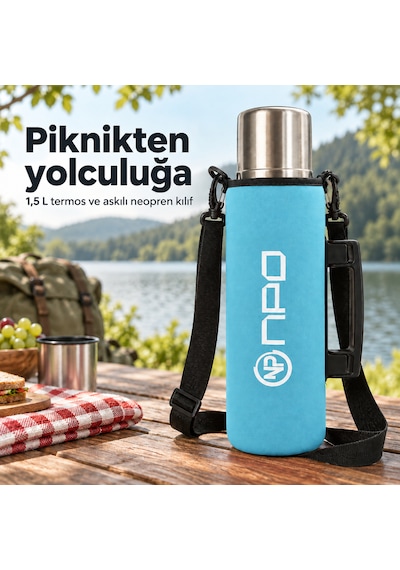 Npo Nt01 2 Katman Vakum Teknolojili 24 Hsıcak 48hsoğuk 72hbuzlu Koruma Çelik Termos Turkuaz Kılıflı