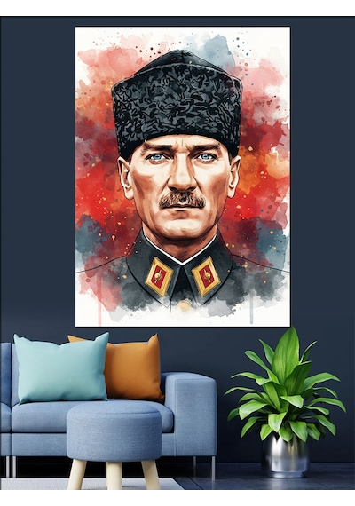 Karizma Tablo Kalpaklı Atatürk Portre Dekoratif Kanvas - Mdf Ahşap Tablo