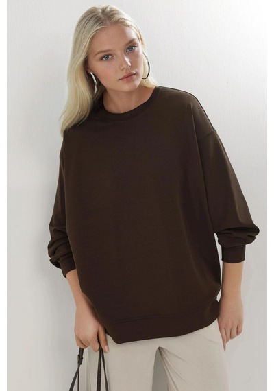 Hiccup Busem Rahat Kesim Bisiklet Yaka Örme Sweatshirt Kahve Kahvesi