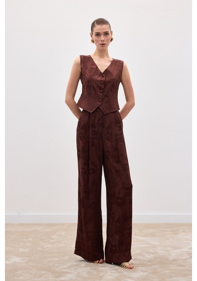Sateen Jakarlı Bol Pantolon - Kahve-136817 Kahve