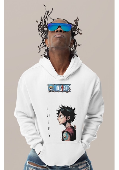 Sevbano Monkey D. Luffy One Piece Baskılı Unisex Oversize Anime Karakter beyaz