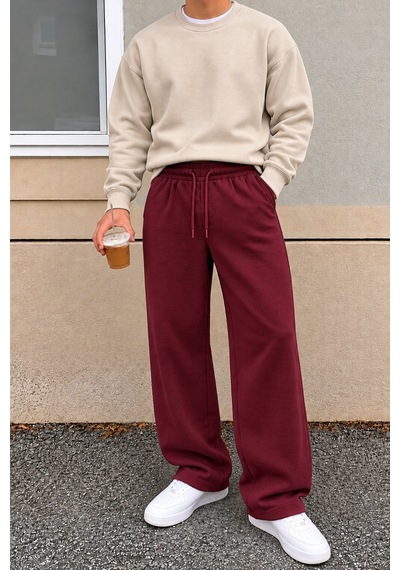 Tarz Cool Erkek Oversize Baggy Fit Eşofman Altı %100 Pamuk 3 İplik Şardonlu Bol Paça Rahat Kesim Bordo