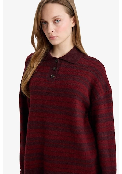 Defacto Loose Fit Polo Yaka Çizgili Triko Kazak Tunik G7240ax25cwbr452 Bordo-br452