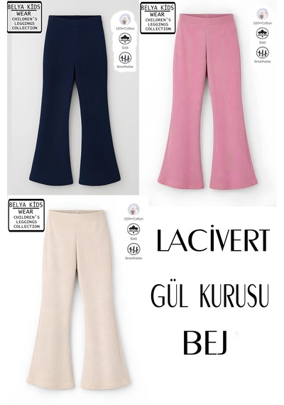Belyakidswear 3 Lü Paket Pamuğa Pamuk Kız Çocuk Fitilli Tayt Lacivert, Gül Kurusu, Bej