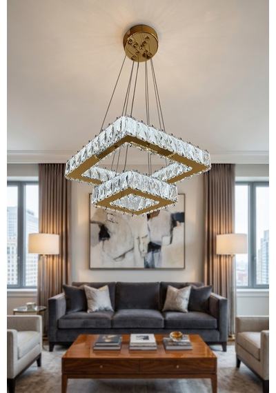 2 Katlı Kare Kristal Modern Sarkıt Led Avize Çok Renkli