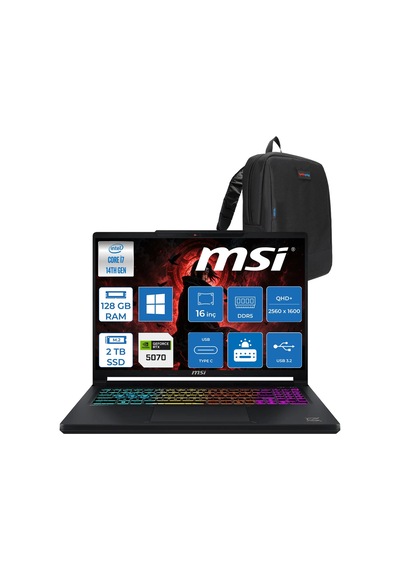 MSI Crosshair 16 HX E14WGK-047XTR-ZWH53 i7-14650HX 128 GB 2 TB SSD RTX5070 16" W11H Dizüstü Bilgisayar +Çanta