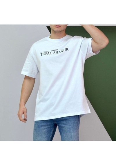 Flood Of Style Erkek Beyaz Evelast Baskılı Oversize Bisiklet Yaka Tshirt