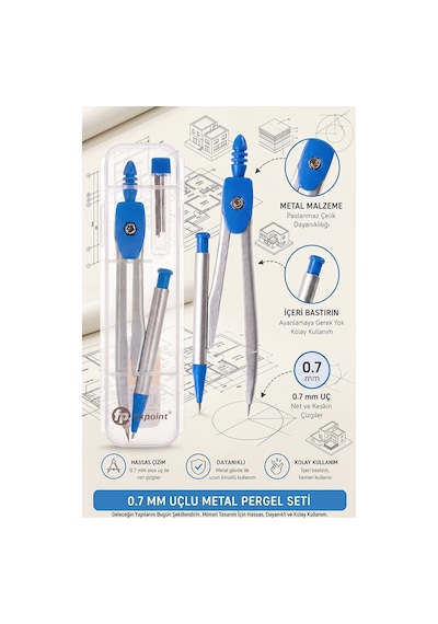 0.7 Uçlu Metal Pergel Siyah 1 Adet Fixpoint Kutulu Metal Pergel Versatil Uçlu Mekanik Kalem Basmalı Uçlu Pergel