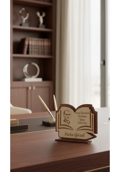 Öğretmenler Günü Özel Ahşap Kitap Tasarımlı Masaüstü Plaket Ahşap