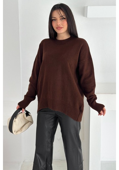 Femelle Kadın Kahverengi Standart Beden Oversize Triko Kazak - 357bnd