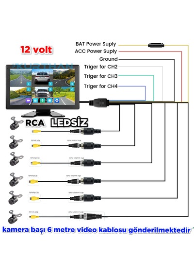 Ledsiz Kelebek Kamera 170'' Ahd 720p Rca 6 Kanallı 10 İnç Dokunmatik Usb Bsd Dvr Ekran 12 Volt