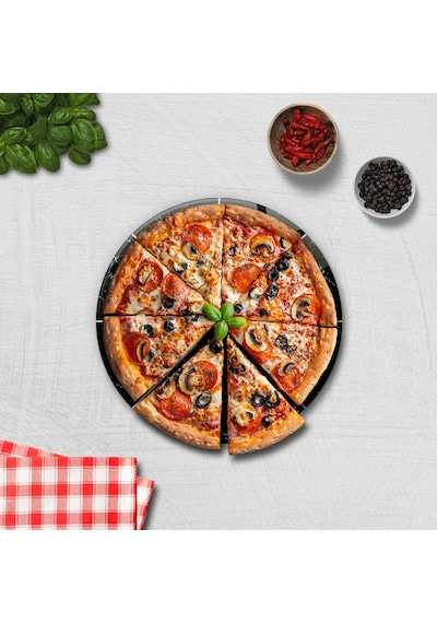 Decorita Mottolu Pizza Servis Tabağı - Siyah Mermer - Çap 32 CM
