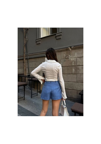 Nido Moda Kadın Örgü Kemerli Pileli Mini Şort Mavi