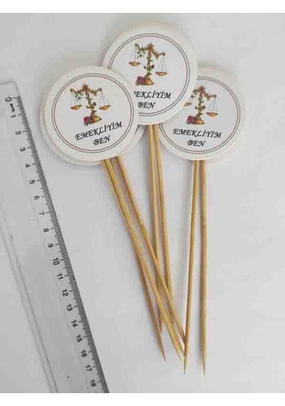 15 Cm Uzun Kürdan - 20 Adet Emekli Oldum Baskılı Pasta Kürdanı