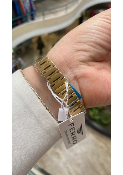 Ferro Quartz Çelik Altın Rengi 32 Mm Kelebek Kilitli Kadın Kol Saati Altın