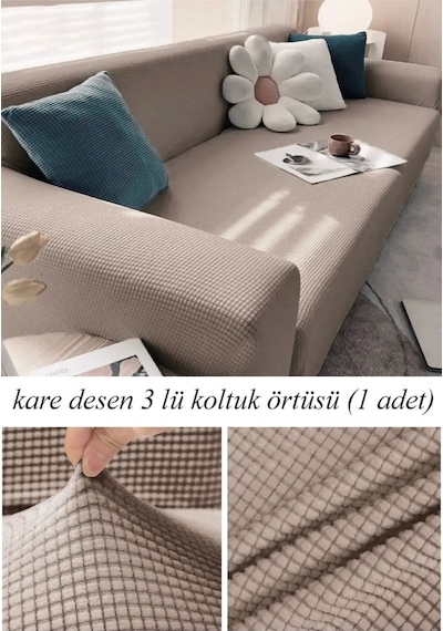StarMall Lastkli Yikanabilir Karedesen 3 kişili Koltuk Örtüsü kanepe, çekyat Kılıfı Vizon