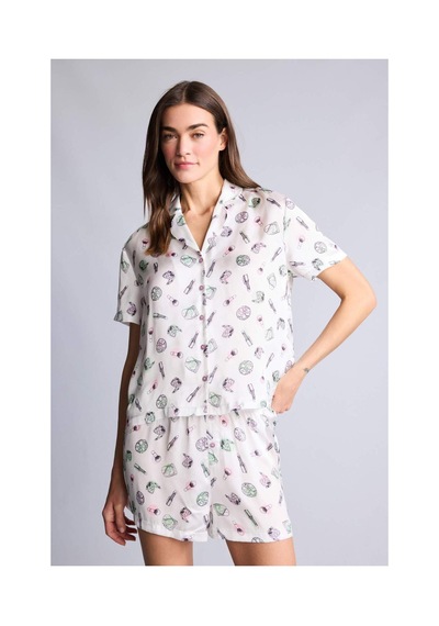 Defacto Saten Desenli Şortlu Pijama Takımı H3791ax26smer98 Ekru-er98
