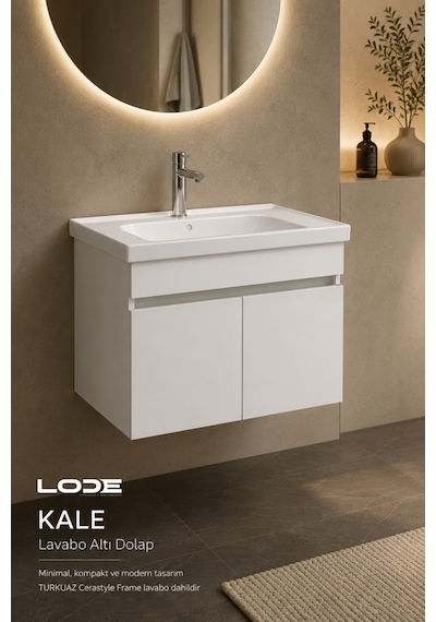 Lode Bath Kale Beyaz Demonte Lavabolu Alt Banyo Dolabı, Seramik Lavabo Dahil 70 Cm