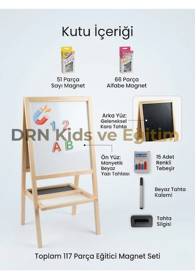 Drnkidsveeğitim Manyetik Çift Taraflı Yazı Tahtası 117 Parça Magnet,15 Renkli Tebeşir Silgi Ve Kalem Ahşap