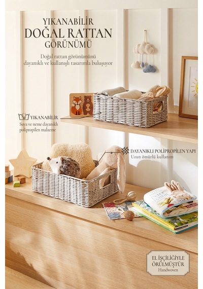Ocean Home Textile 2'li Çocuk Odası Yıkanabilir Gri Pp Rattan Sepet Set 30 X 20 X 11 / 36 X 26 X 12 Cm