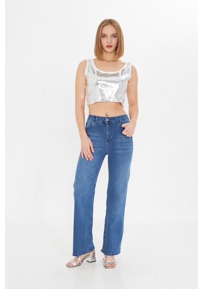 Kutaf Mavi Yüksek Bel Kar Yıkama Likralı Geniş Paça Palazzo Jeans Mavi