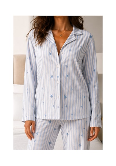 Fit Women Kadın Uzun Kol Pamuklu Mavi Pijama Takımı