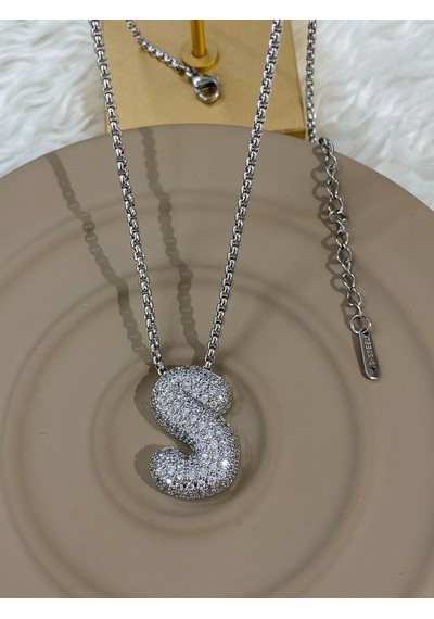 Premium Gümüş Renk Parlak Taşlı 316l Çelik S Harf Kolye 60cm Zincir Uzunluğu