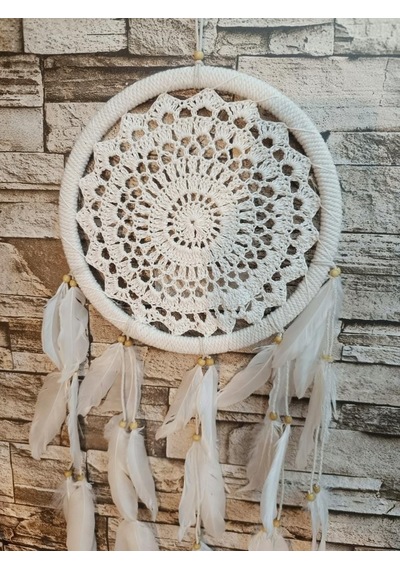 Düş Kapanı Makrome Dreamcatcher Ekru Kuş Tüyü Rüya Kapanı Duvar Süsü Elişi