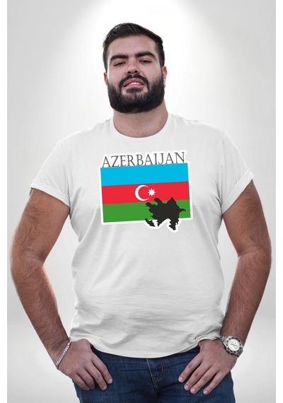 Angemiel Azerbeycan Bayrak Ülke Beyaz Büyük Beden Kadın Erkek Ünisex Basic Ön Baskılı Tişört Beyaz