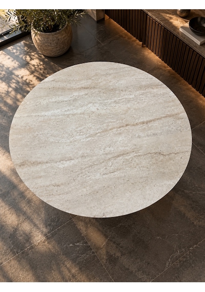 Traverten Desenli Yuvarlak Masa 90 Cm Mdf Vizon Bej