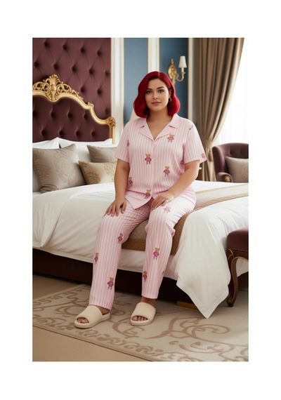 Ersefa Kadın Yıldızlı Melanj Örme Pijama Takımı Gömlek Yaka Fonksiyonel Pembe