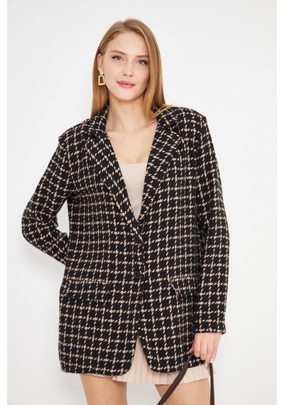 Armonika Kadın Bej Erkek Yaka Cep Kapaklı Vatkalı Oversize Ceket Arm-25k001060