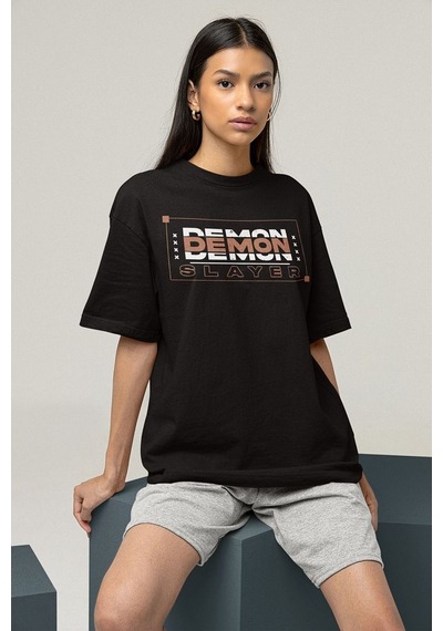 Demon Slayer Baskılı Unisex Oversize Anime Tişört Siyah
