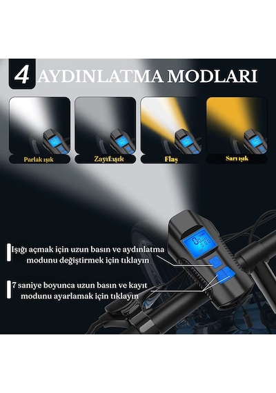 Greatech Şarjlı Bisiklet Lcd Hız Göstergesi Su Geçirmez Led Işık Km Ekran Kronometre Bisiklet Kornası Feneri Siyah - Mavi