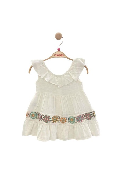 Çikoby Kız Bebek Motifli Yakası Fırfırlı Elbise-13952 Ekru